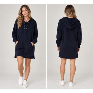 FRNCH Paris Hoodie Dress Small Navy Blue Plush Lace Up Mini Sweatshirt Cozy